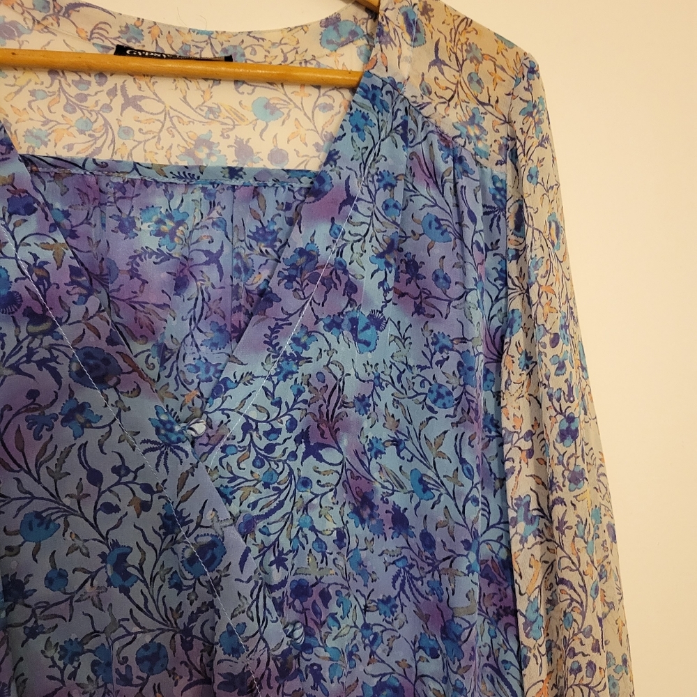 Gypsy 05 Floral Long Sleeve 100% Silk Blue Romper Size Small - Picture 8 of 16